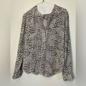 Rebecca Taylor black and white animal print silk blouse with tunic neck, size 6
